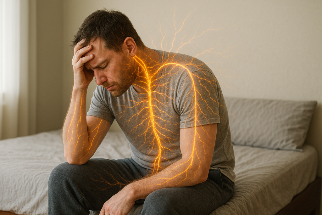 Image of a distressed man sitting on the edge of a bed, gripping his forehead in anguish. Vibrant orange lines visually represent his nervous system, indicating a state of emotional dysregulation, highlighted by a gentle wash of natural light from a nearby window. He seeks treatment but doesn't know how to get started.