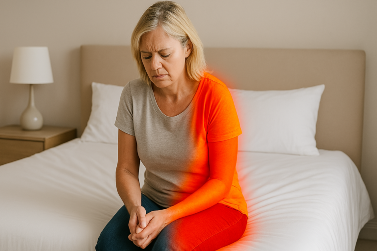 Middle-aged Caucasian woman sitting on the edge of her bed, touching her hands together with a thermal overlay depicting increased temperature in red and orange hues on one side of her body, indicating discomfort. The room is softly lit with neutral colors.