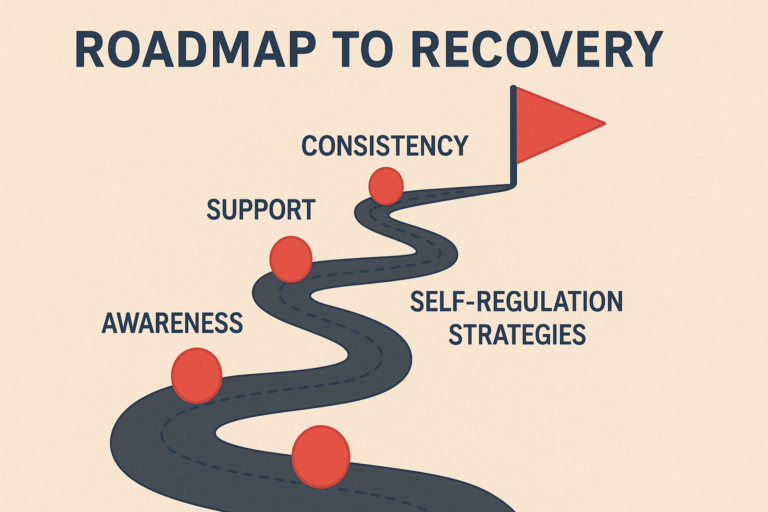 Illustration displaying the healing process from dysregulated nervous system symptoms with milestones labeled Awareness, Self-Regulation Strategies, Support, and Consistency along a winding path.