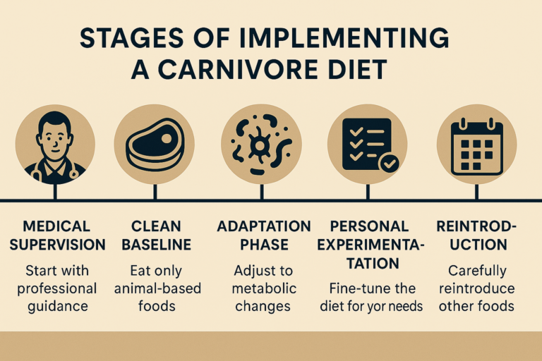 Infographic showing how to implement the carnivore diet safely, from medical supervision to reintroduction testing.