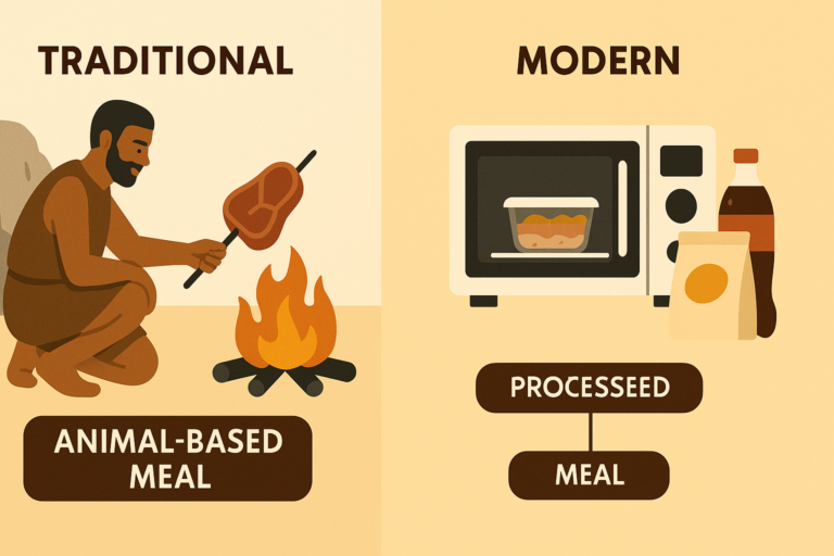 This diagram compares a traditional animal-based meal cooked over an open fire with a modern processed meal featuring a microwave, soda, and packaged food, highlighting the shift in dietary patterns.