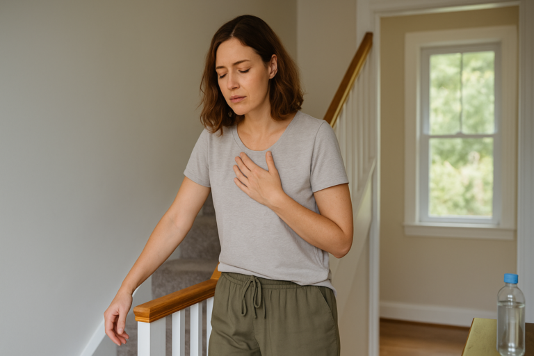 A woman walking up stairs with difficulty breathing, feeling light headed and dizzy.