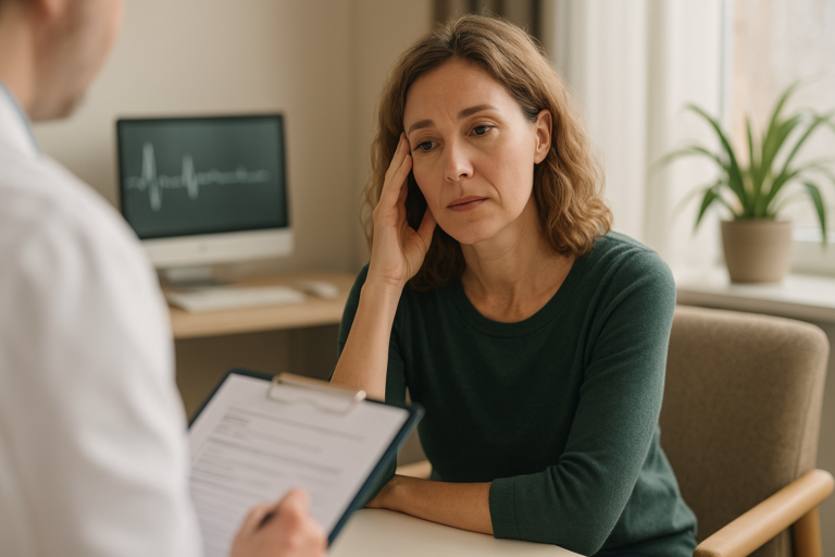 A woman sits with a practitioner contemplating what the root cause or diagnosis of her condition might be as she seeks to understand the connection between chronic illness and her symptoms.