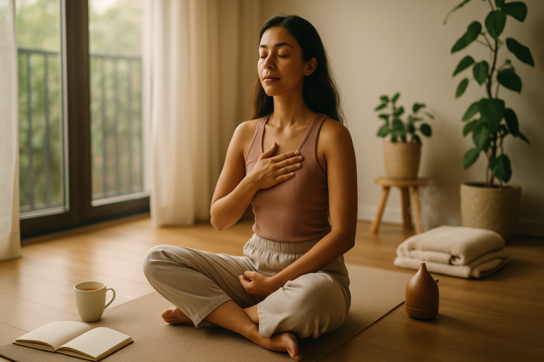 A woman embracing a slow breathing technique as she works to activate her parasympathetic nervous system.