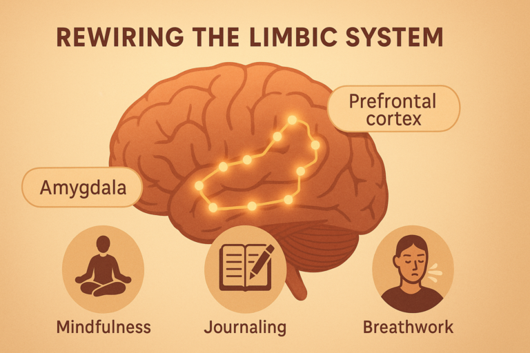 Illustration of the limbic system showing rewiring between the amygdala and prefrontal cortex with glowing neural pathways, and icons representing mindfulness, journaling, and breathwork as tools for neuroplasticity