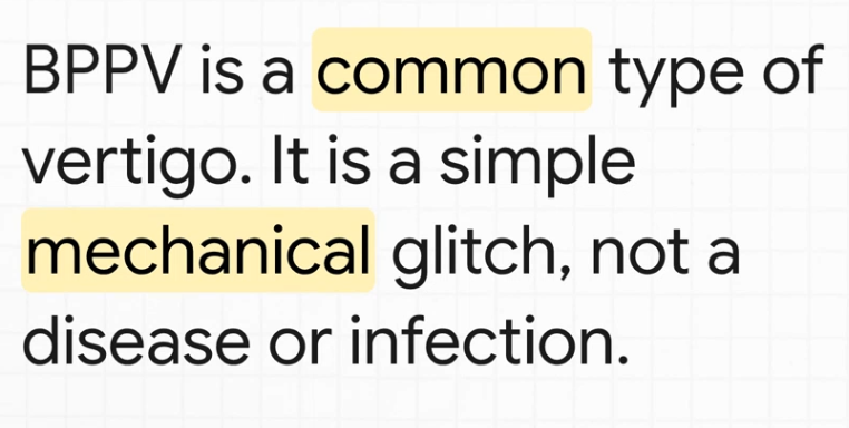 Text graphic defining benign paroxysmal positional vertigo (BPPV) as a common, mechanical type of vertigo—not a disease or infection—with highlighted keywords.