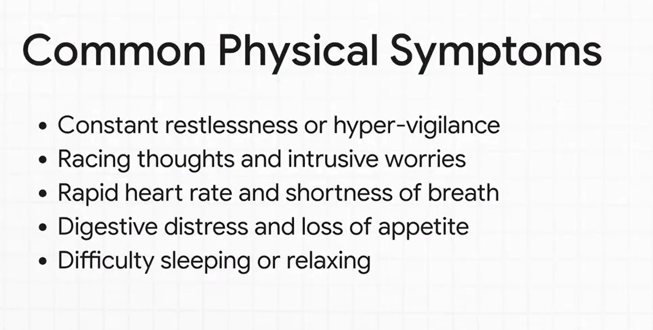 List of anxiety symptoms including restlessness, racing thoughts, rapid heart rate, digestive distress, and difficulty sleeping.