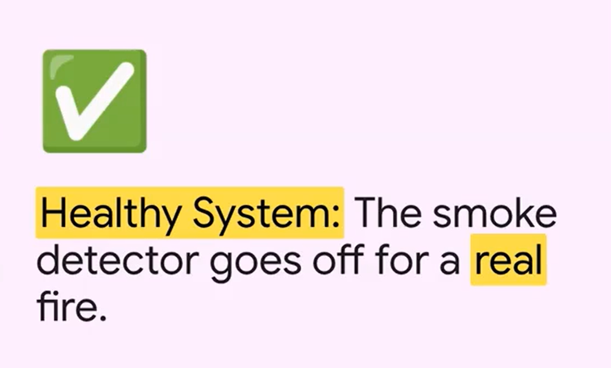 Comparison between a healthy system and chronic anxiety showing a smoke detector going off for real fire versus burnt toast.