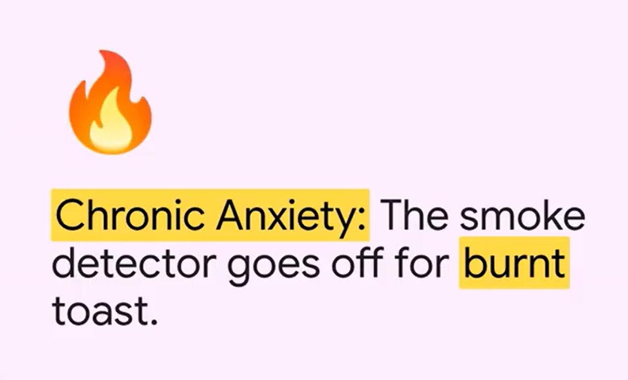 Comparison between a healthy system and chronic anxiety showing a smoke detector going off for real fire versus burnt toast.