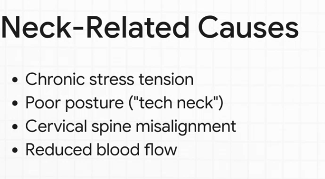 List of neck-related causes of vertigo including stress tension, poor posture, cervical misalignment, and reduced blood flow.