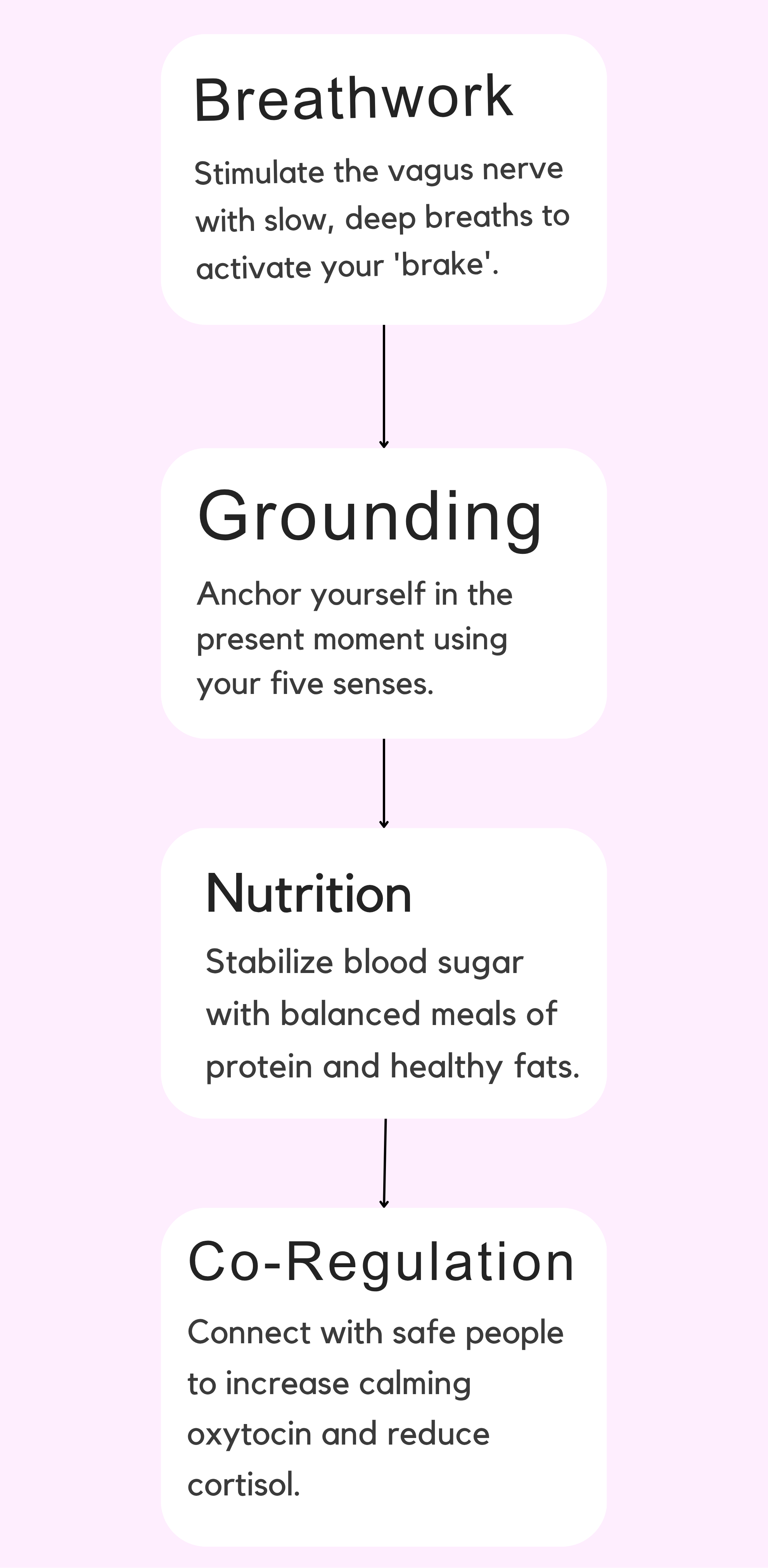Diagram showing breathwork, grounding, nutrition, and co-regulation as steps to regulate the nervous system.