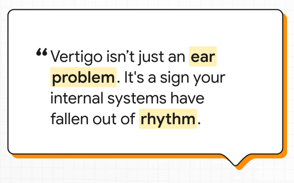 Quote graphic stating “Vertigo isn’t just an ear problem. It’s a sign your internal systems have fallen out of rhythm,” highlighting whole-body regulation as the key to balance.