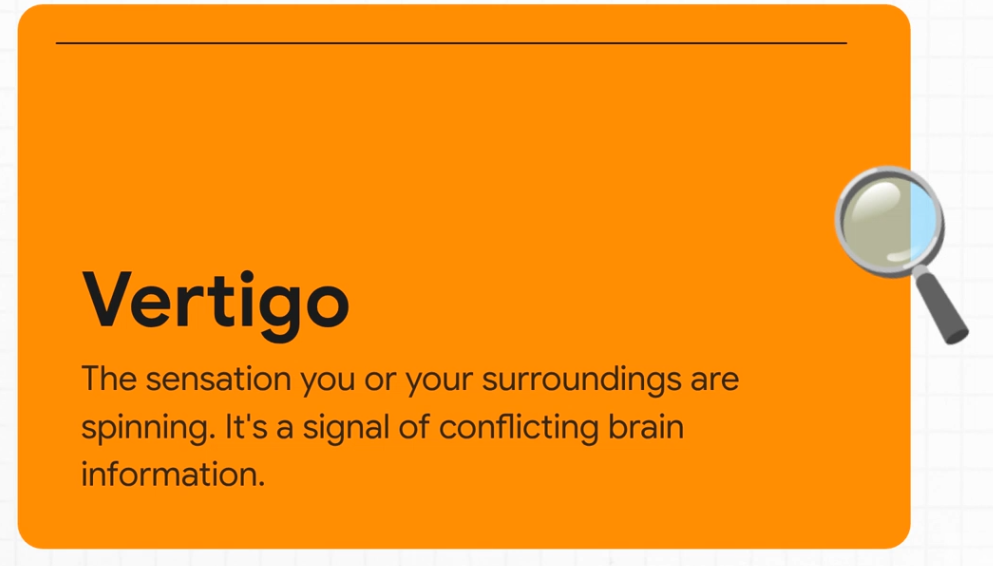 Orange educational card defining vertigo as the false sensation of spinning caused by conflicting brain information about body position and movement.