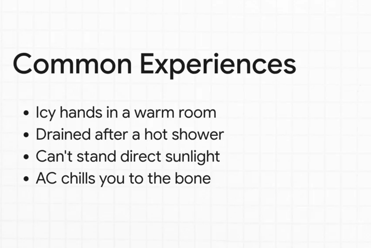 List showing icy hands, fatigue after showers, and heat sensitivity as temperature dysregulation symptoms.