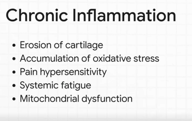 List showing cartilage erosion, oxidative stress buildup, pain hypersensitivity, systemic fatigue, and mitochondrial dysfunction.