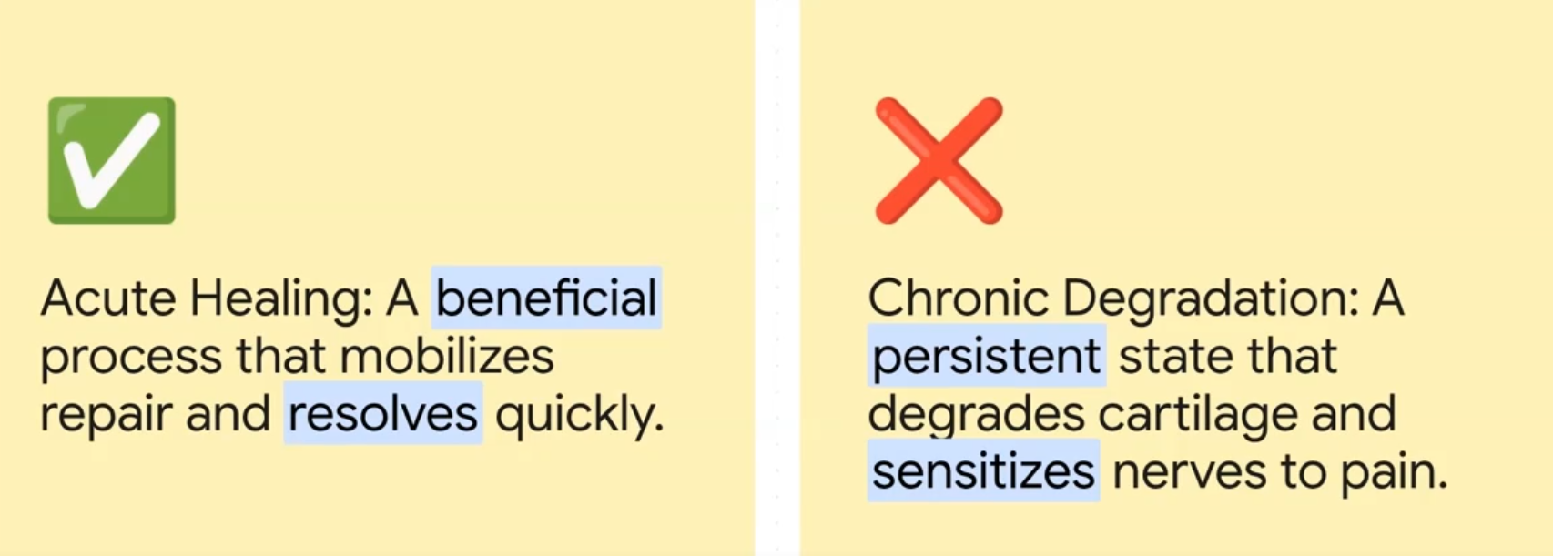 Side-by-side comparison showing acute healing as beneficial and chronic degradation as damaging to cartilage.