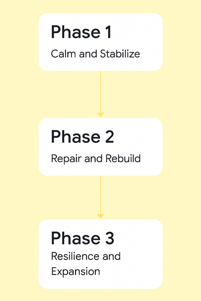 Flow diagram showing Phase 1 Calm and Stabilize, Phase 2 Repair and Rebuild, and Phase 3 Resilience and Expansion.