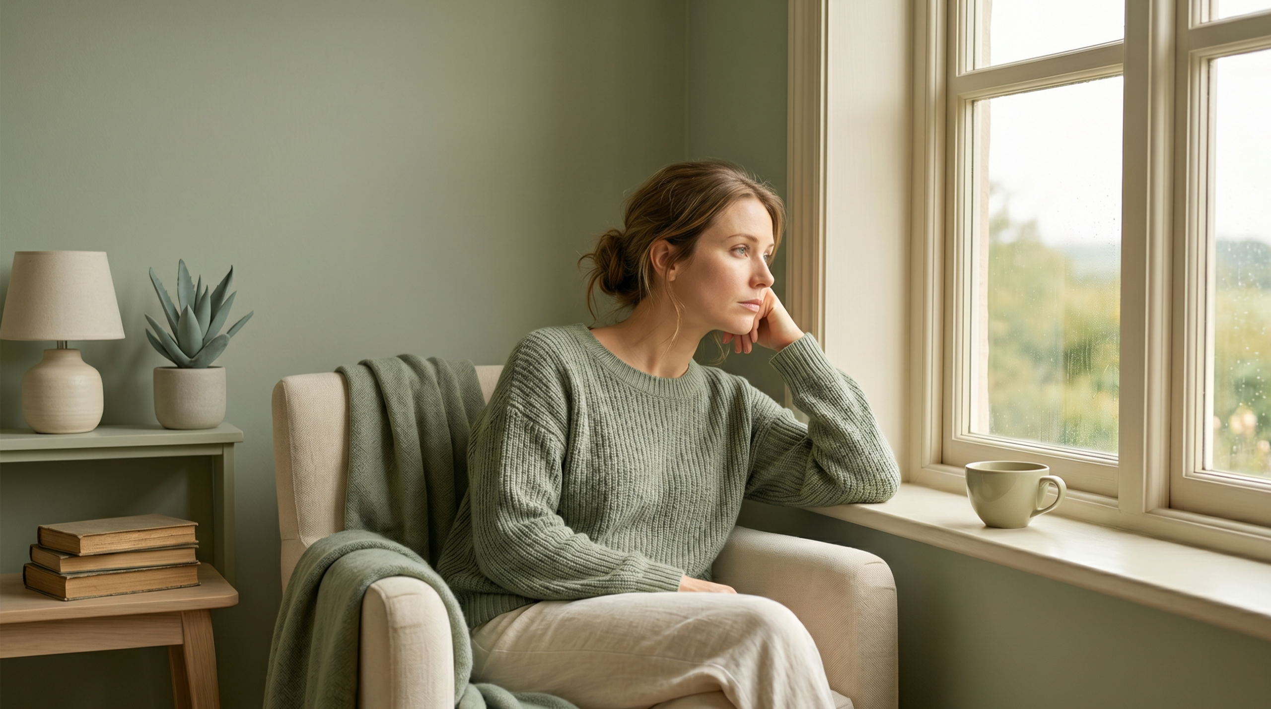 A woman experiencing chronic fatigue symptoms sitting thoughtfully by a window