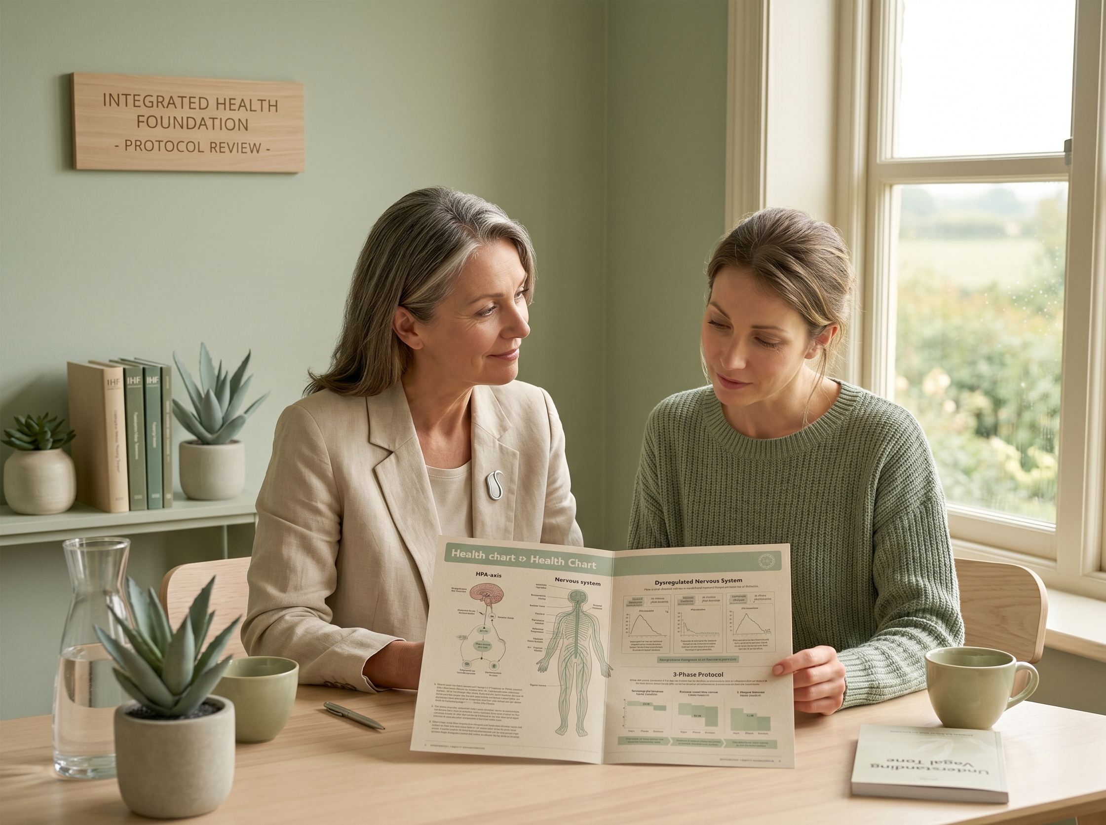 IHF practitioner and client reviewing a health chart during a consultation